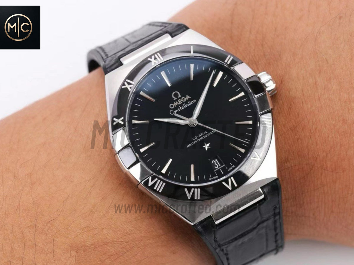 Constellation 41mm Black Ceramic Black Dial on Leather Clad Rubber Strap – Premium Edition