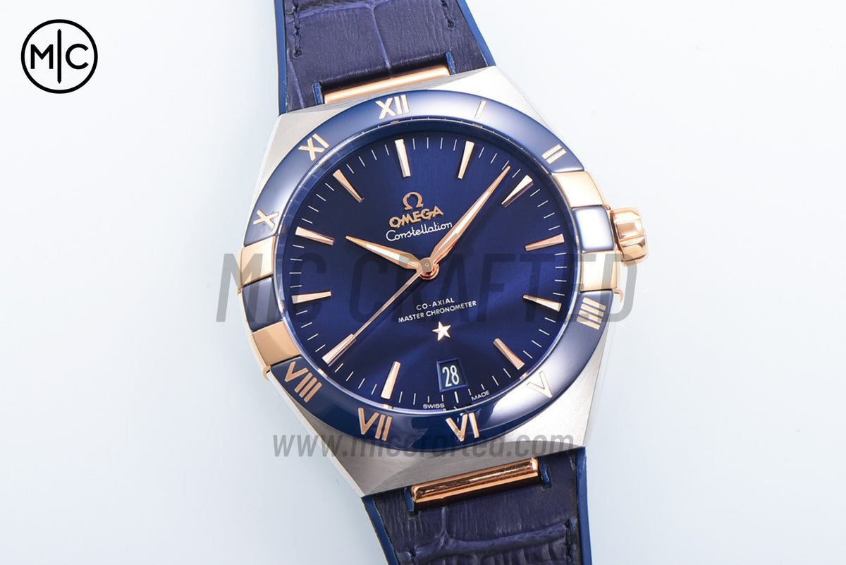 Constellation 41mm YG Blue Ceramic Blue Dial on Leather Clad Rubber Strap – Premium Edition