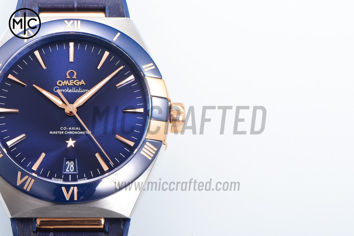 Constellation 41mm YG Blue Ceramic Blue Dial on Leather Clad Rubber Strap – Premium Edition