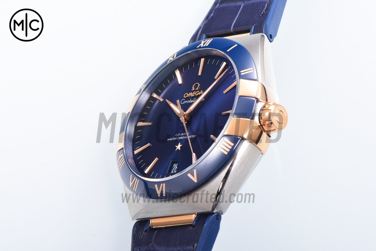 Constellation 41mm YG Blue Ceramic Blue Dial on Leather Clad Rubber Strap – Premium Edition