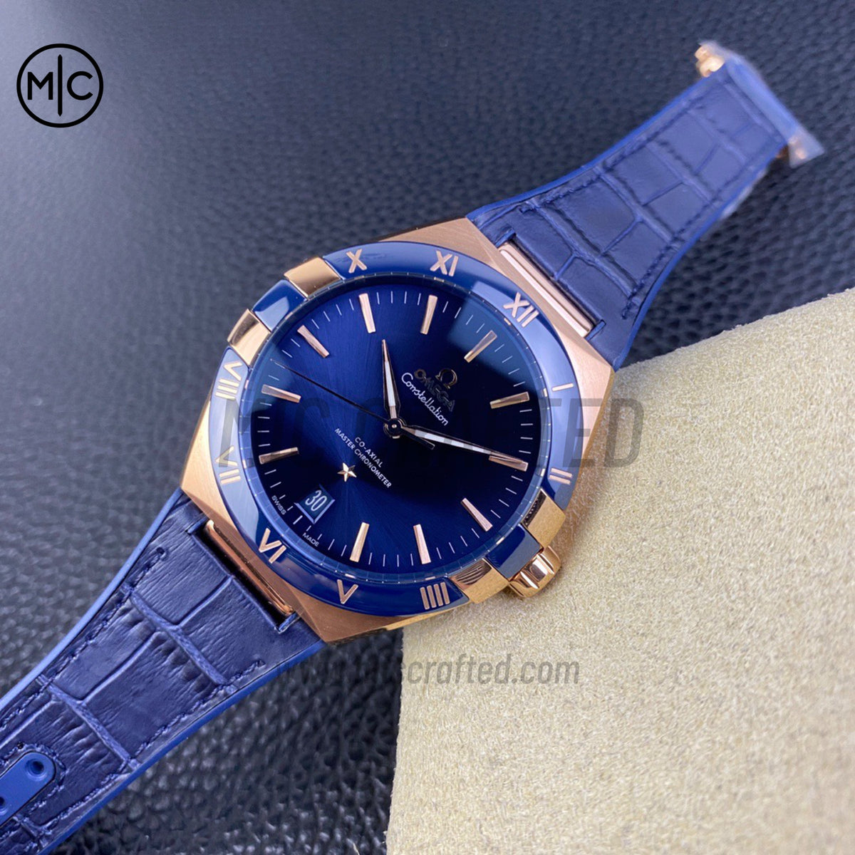 Constellation 41mm RG Blue Ceramic Blue Dial on Leather Clad Rubber Strap – Premium Edition