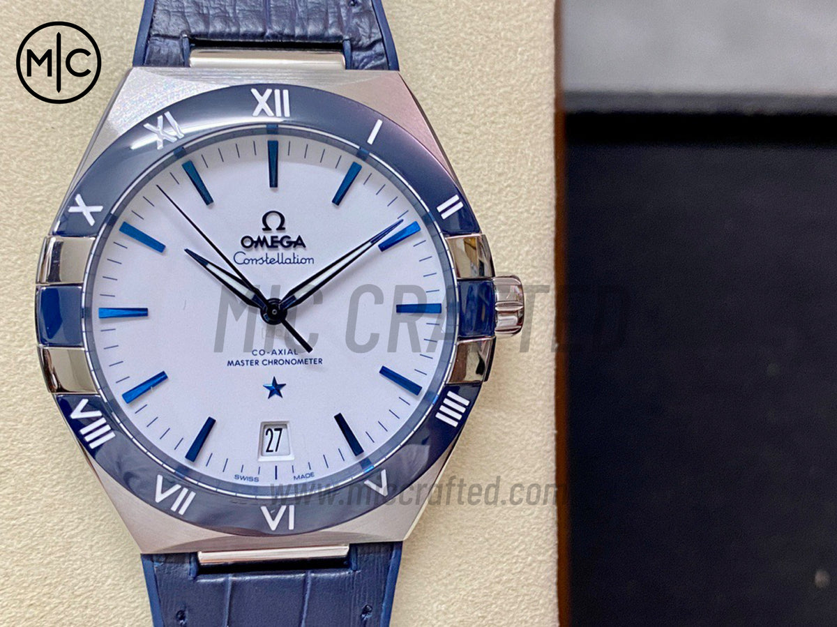 Constellation 41mm Blue Ceramic White Dial on Leather Clad Rubber Strap – Premium Edition
