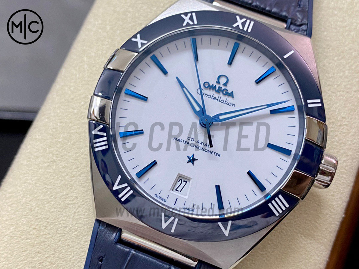 Constellation 41mm Blue Ceramic White Dial on Leather Clad Rubber Strap – Premium Edition