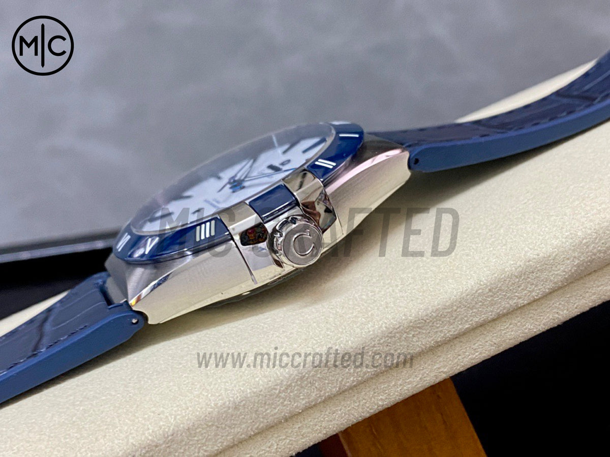Constellation 41mm Blue Ceramic White Dial on Leather Clad Rubber Strap – Premium Edition