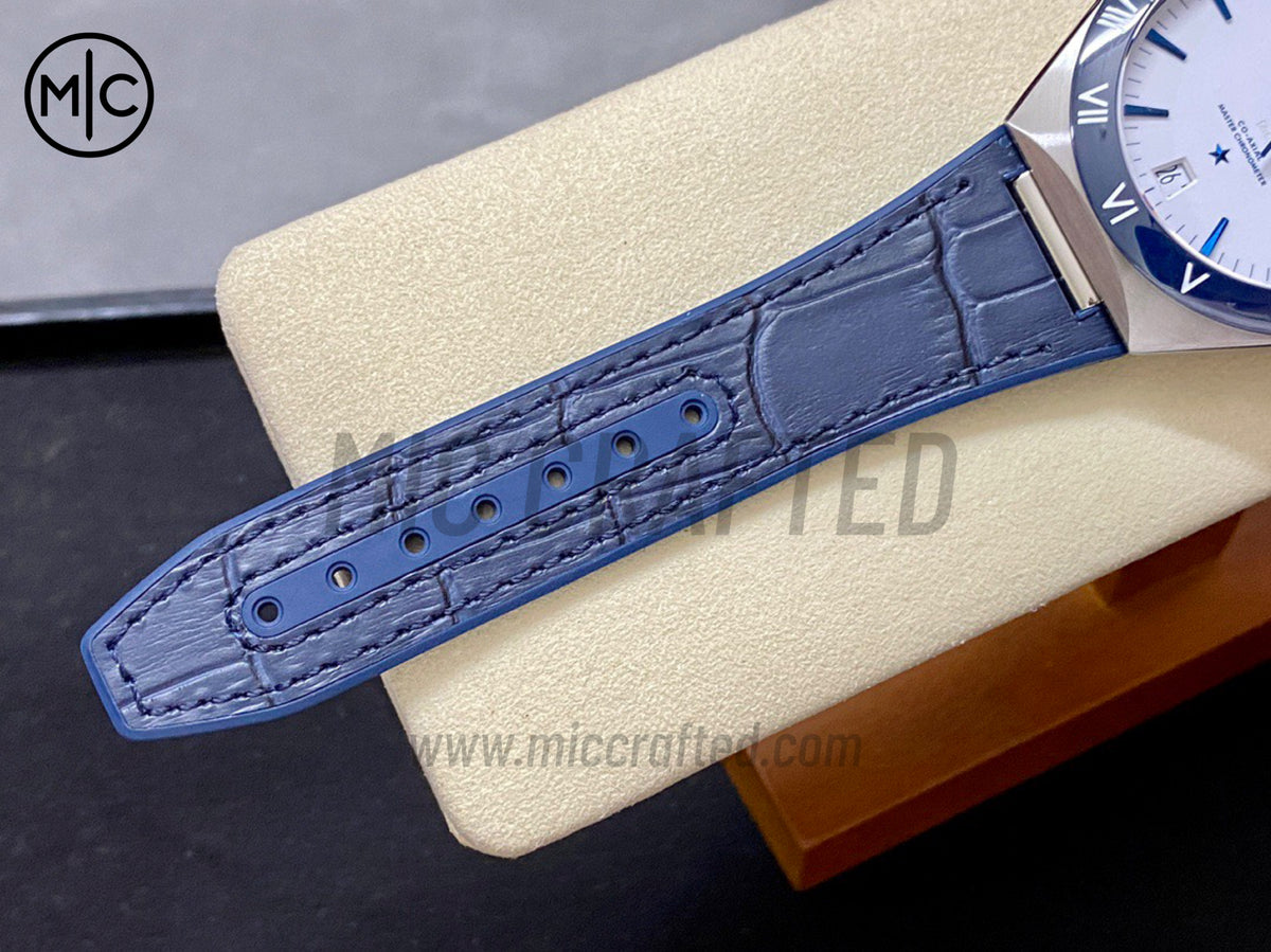 Constellation 41mm Blue Ceramic White Dial on Leather Clad Rubber Strap – Premium Edition