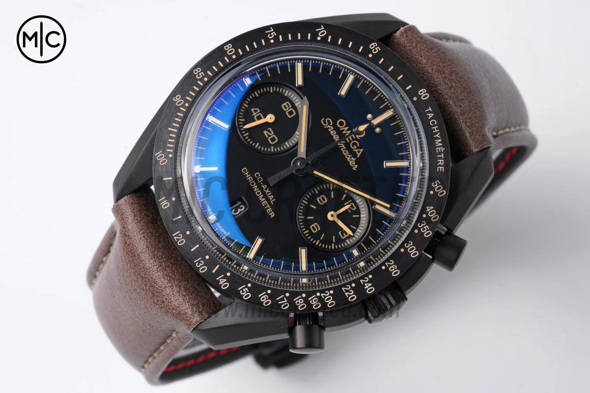 Speedmaster 44mm "Dark Side of The Moon" Real Ceramic Vintage Black on Brown Leather Strap – Premium Edition