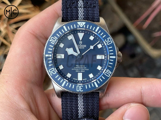 Pelagos FXD 42mm Titanium m25707b Blue Dial on Blue Nylon Strap – Premium Edition