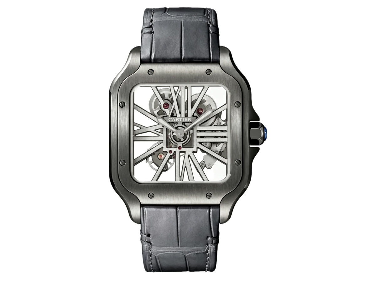 Santos Skeleton 40mm PVD 鏤空錶面,搭配灰色皮革錶帶 - 尊貴版