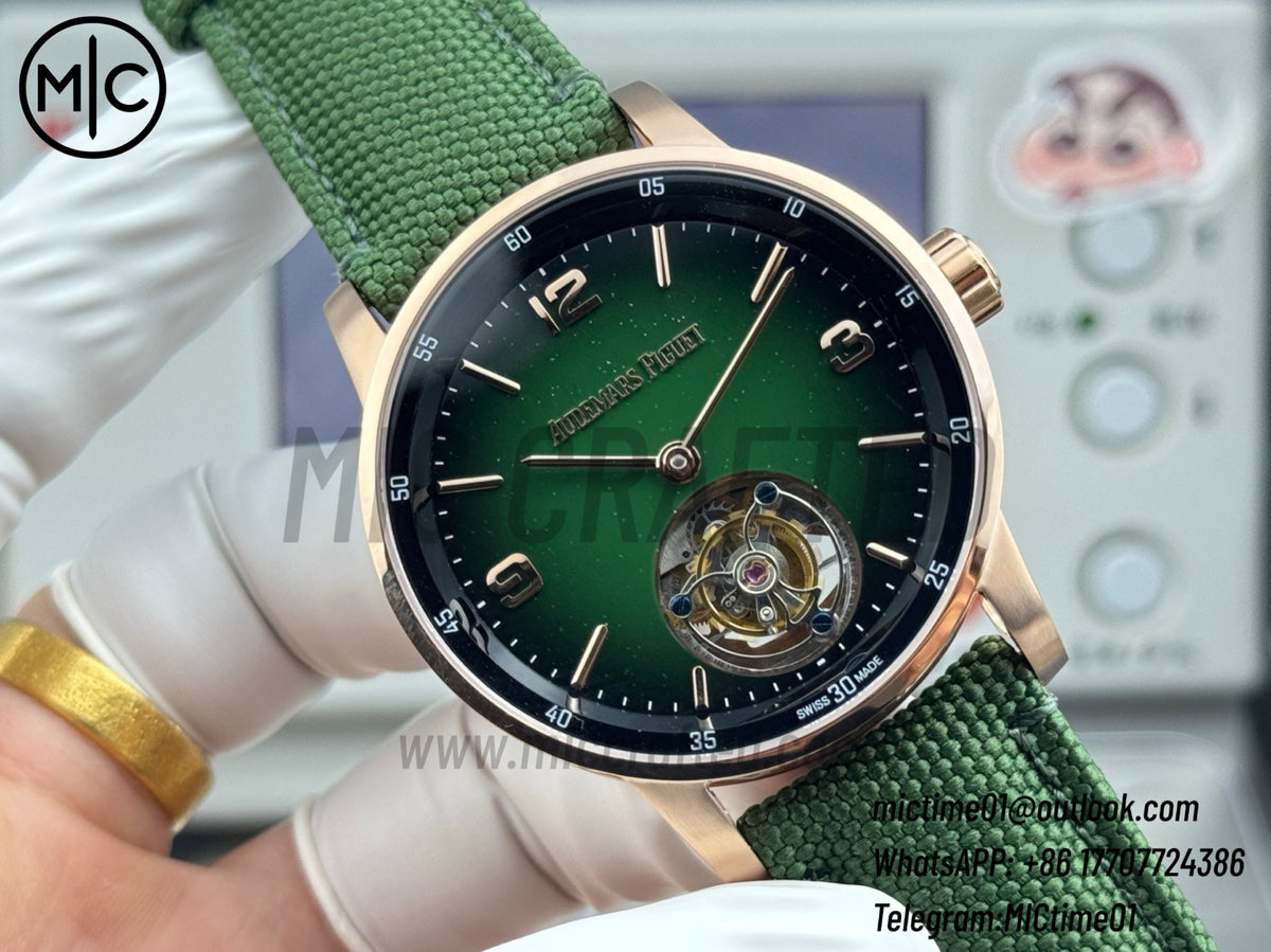 Code 11.59 26396NR 41mm RG 陀飛輪 漸層綠色錶盤 綠色皮革錶帶 – 尊貴版