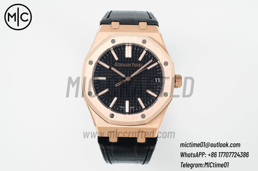 Royal Oak 41mm 15510 RG Black Dial on Blue Leather Strap – Premium Edition