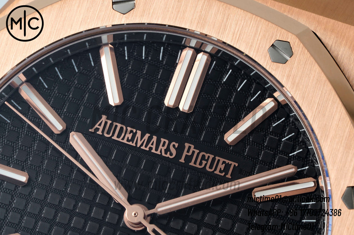 Royal Oak 41mm 15510 RG Black Dial on Blue Leather Strap – Premium Edition