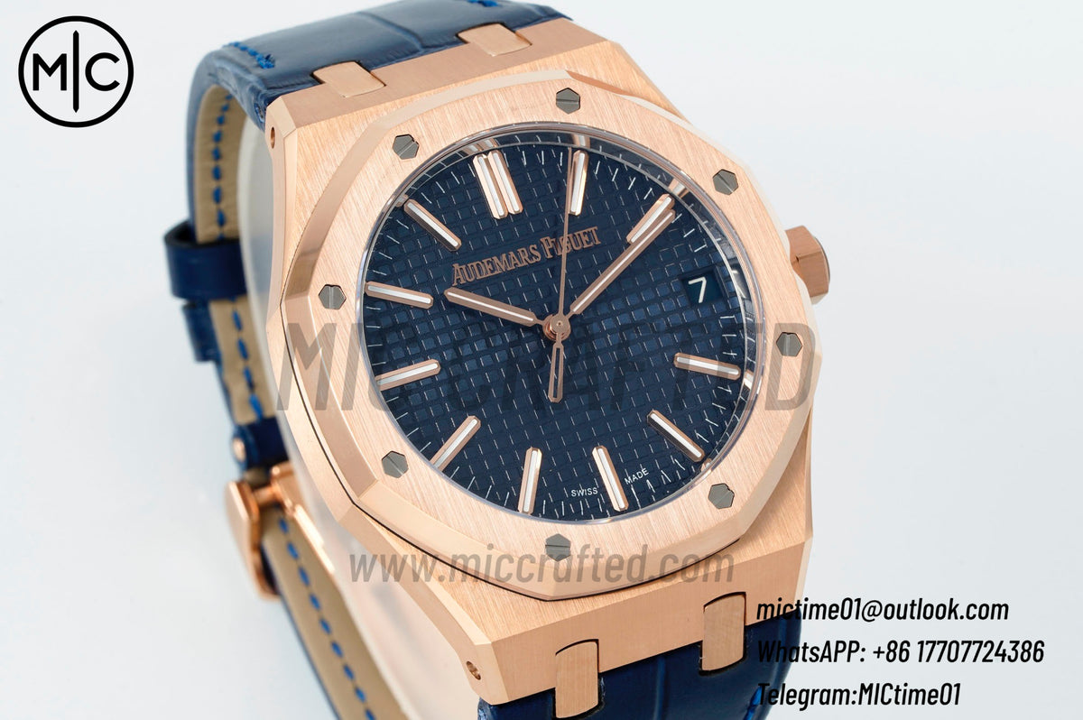 Royal Oak 41mm 15510 RG Blue Dial on Blue Leather Strap – Premium Edition