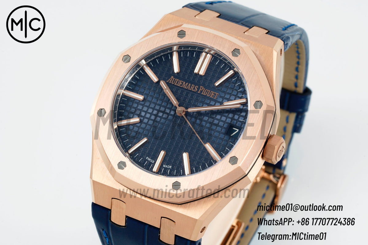Royal Oak 41mm 15510 RG Blue Dial on Blue Leather Strap – Premium Edition