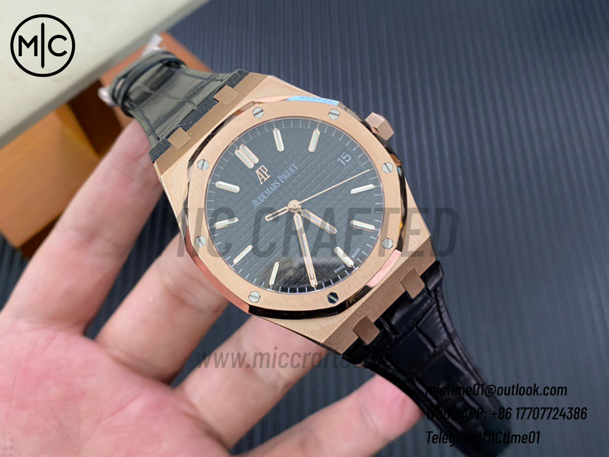 Royal Oak 41mm 15500 RG Black Dial on Black Leather Strap – Premium Edition