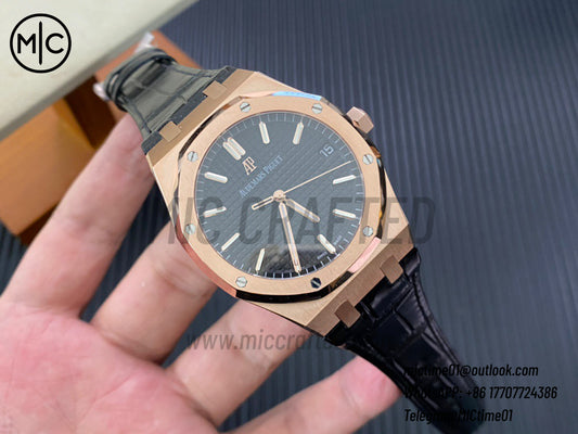 Royal Oak 41mm 15500 RG Black Dial on Black Leather Strap – Premium Edition