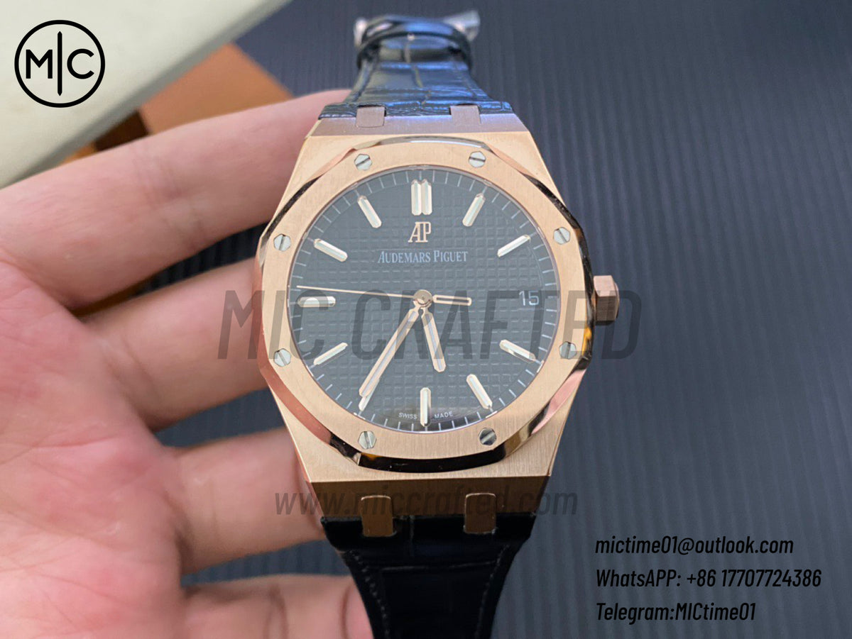 Royal Oak 41mm 15500 RG Black Dial on Black Leather Strap – Premium Edition