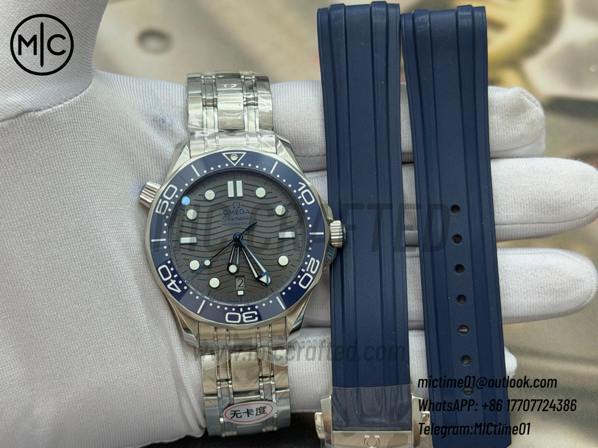 Seamaster Diver 300M SS Blue Ceramic Gray Dial on SS Bracelet – Premium Edition