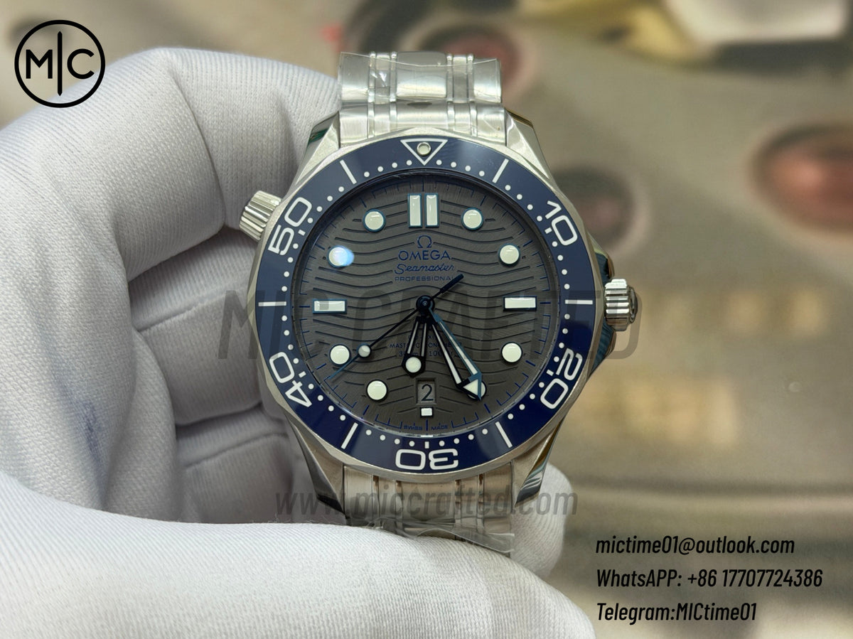Seamaster Diver 300M SS Blue Ceramic Gray Dial on SS Bracelet – Premium Edition
