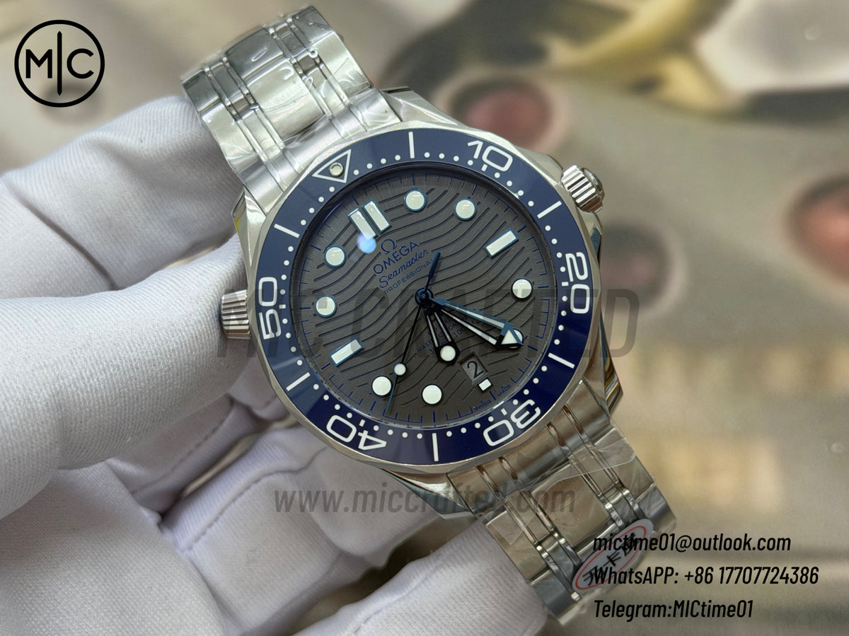 Seamaster Diver 300M SS Blue Ceramic Gray Dial on SS Bracelet – Premium Edition