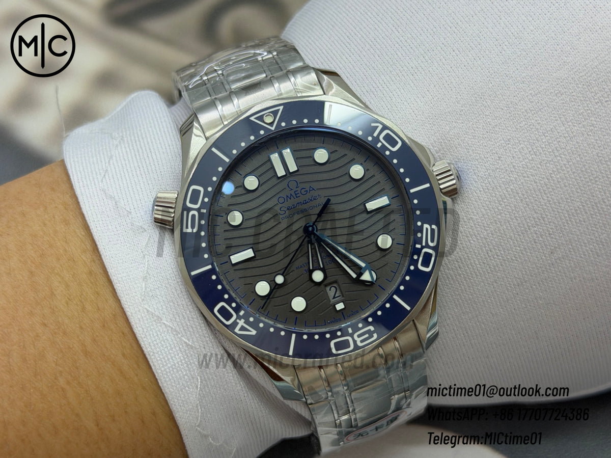 Seamaster Diver 300M SS Blue Ceramic Gray Dial on SS Bracelet – Premium Edition