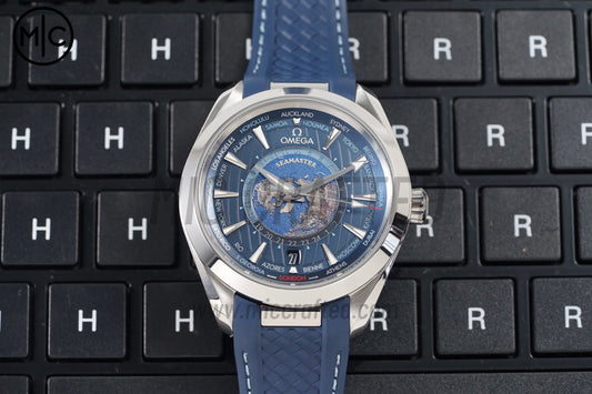 Aqua Terra GMT Worldtimer 43mm Deep Blue Dial on Blue Rubber Strap – Premium Edition