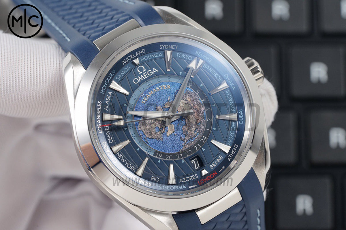 Aqua Terra GMT Worldtimer 43mm Deep Blue Dial on Blue Rubber Strap – Premium Edition