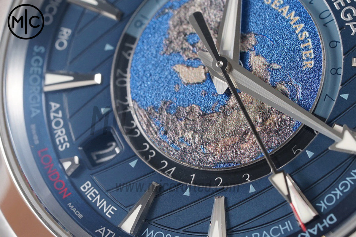 Aqua Terra GMT Worldtimer 43mm Deep Blue Dial on Blue Rubber Strap – Premium Edition