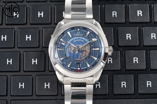 Aqua Terra GMT Worldtimer 43mm Deep Blue Dial on SS Bracelet – Premium Edition