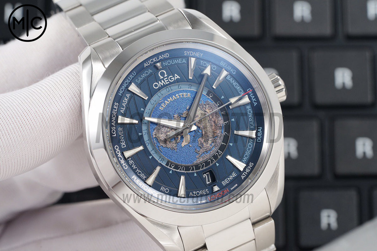 Aqua Terra GMT Worldtimer 43mm Deep Blue Dial on SS Bracelet – Premium Edition