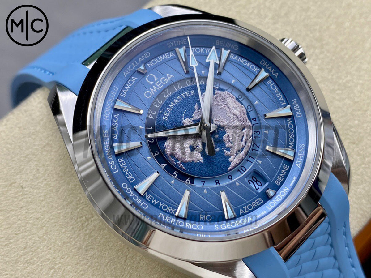 Aqua Terra GMT Worldtimer 43mm Summer Blue Dial on Blue Rubber Strap – Premium Edition