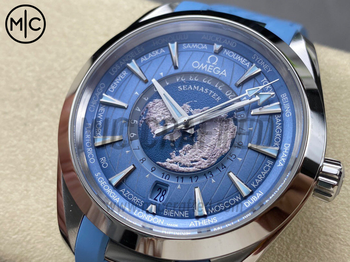 Aqua Terra GMT Worldtimer 43mm Summer Blue Dial on Blue Rubber Strap – Premium Edition