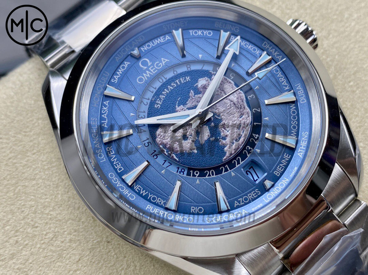 Aqua Terra GMT Worldtimer 43mm Summer Blue Dial on SS Bracelet – Premium Edition