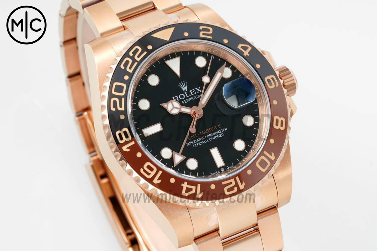 GMT-Master II 126715 CHNR 904L Black Dial on RG Bracelet – Premium Edition