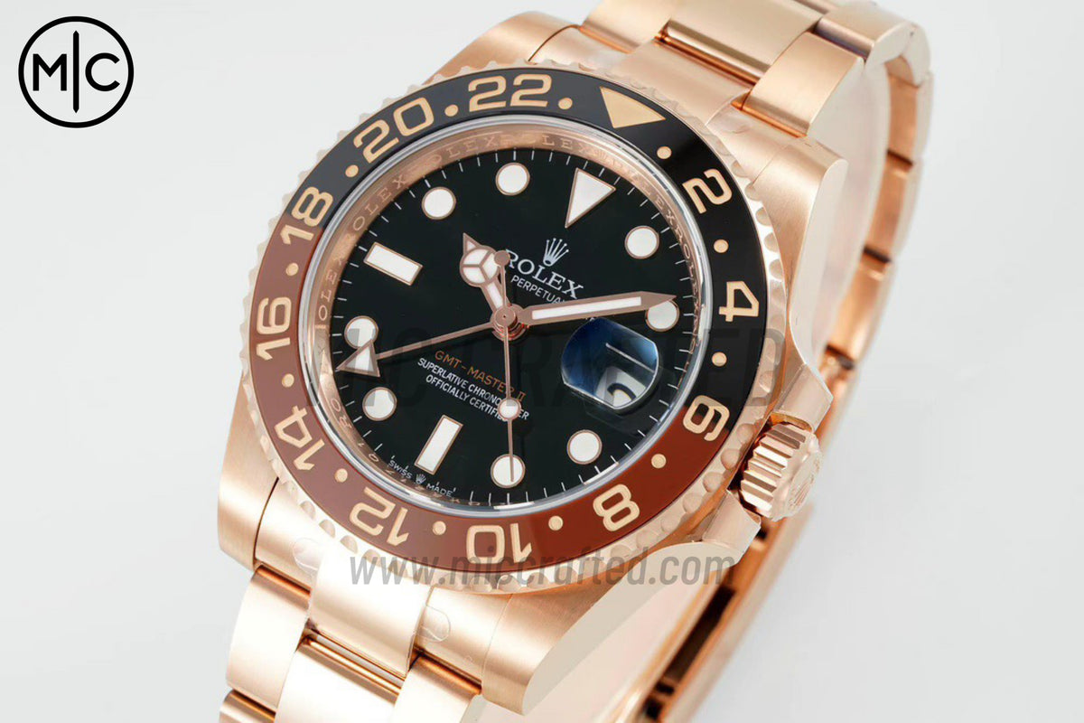GMT-Master II 126715 CHNR 904L Black Dial on RG Bracelet – Premium Edition