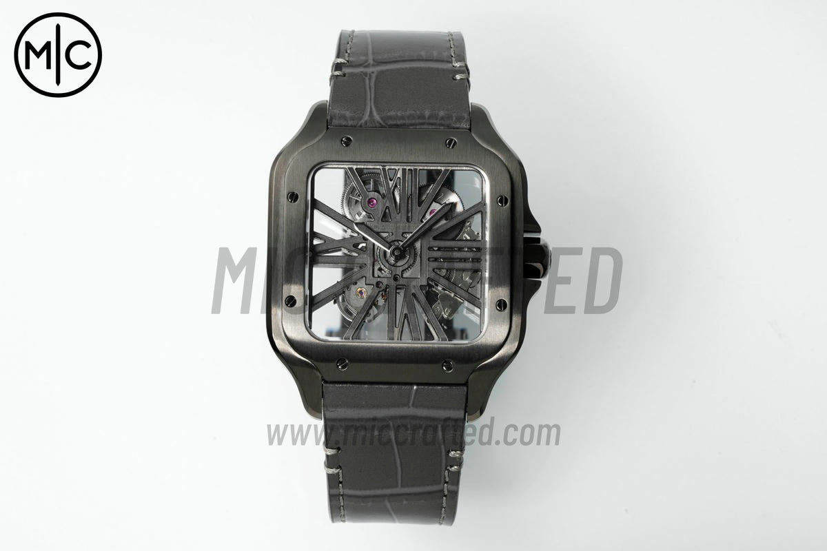 Santos Skeleton 40mm PVD 鏤空錶面,搭配灰色皮革錶帶 - 尊貴版
