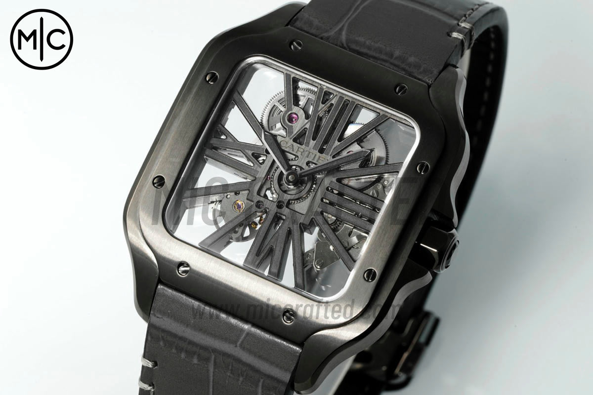 Santos Skeleton 40mm PVD 鏤空錶面,搭配灰色皮革錶帶 - 尊貴版