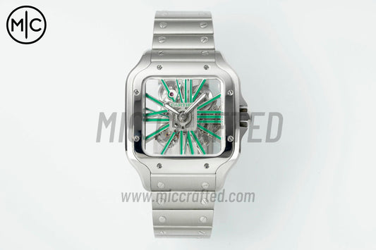 Santos Skeleton 40mm SS Skeleton Green Dial on SS SmartLink Bracelet – Premium Edition