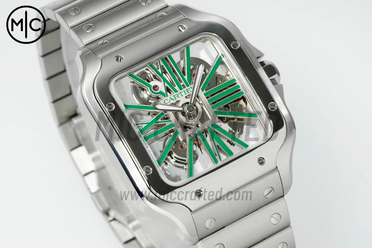 Santos Skeleton 40mm 不鏽鋼綠色鏤空錶面,搭配不鏽鋼 SmartLink 錶鏈 - 尊貴版