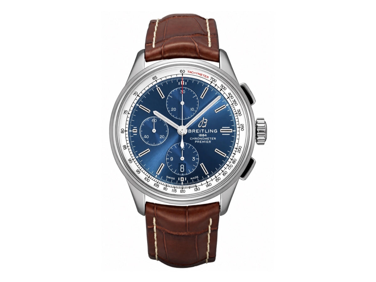 Premier Chronograph 42mm 不鏽鋼藍色錶面搭配棕色皮革錶帶 - 尊貴版