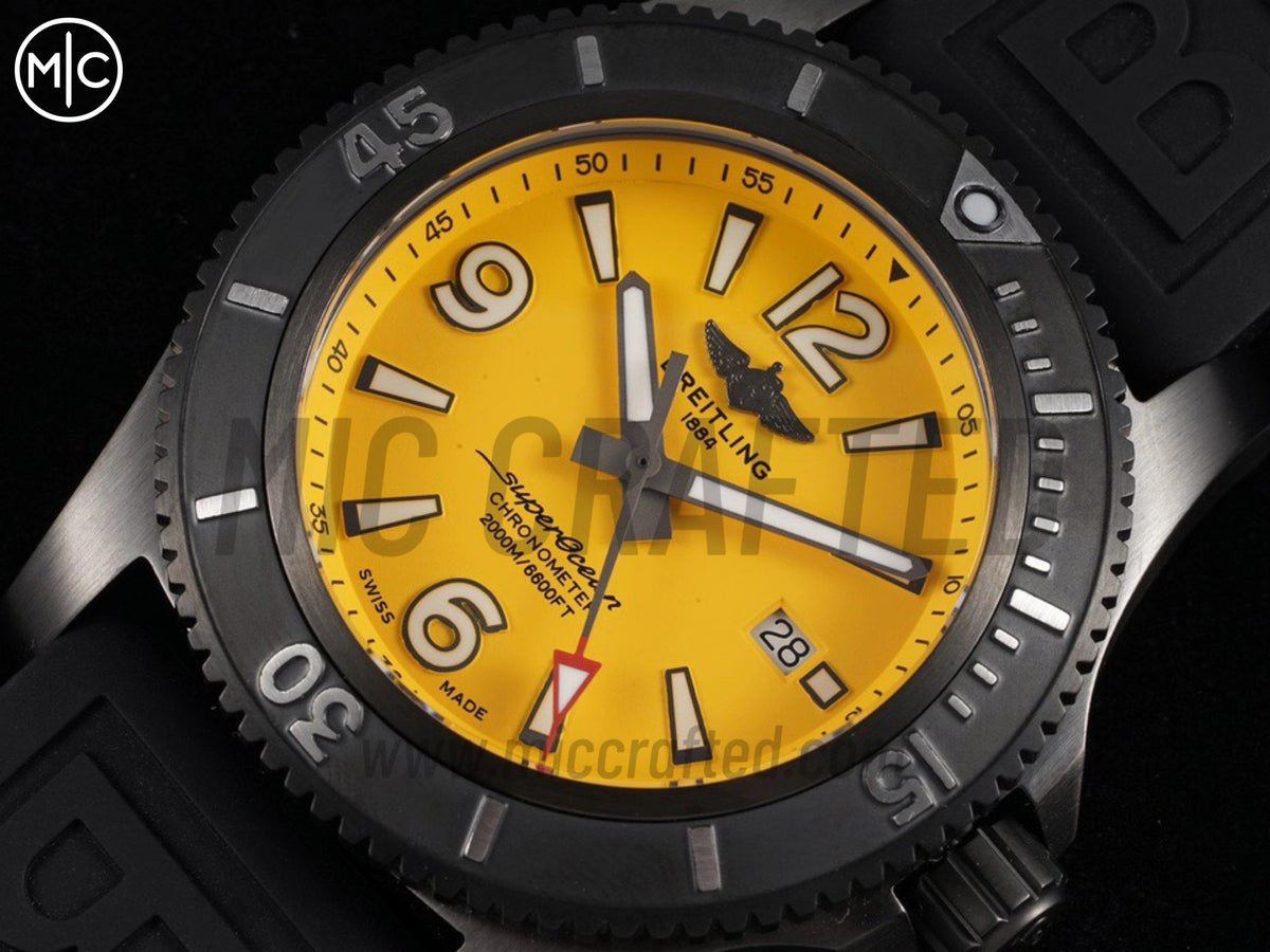 Superocean Automatic 46mm PVD Yellow Dial Black Bezel on Black Rubber Strap – Premium Edition