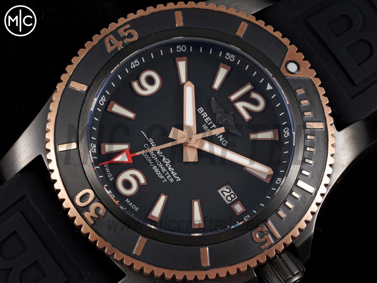 Superocean Automatic 46mm PVD 黑色錶面、玫瑰金錶圈搭配黑色橡膠錶帶 - 尊貴版