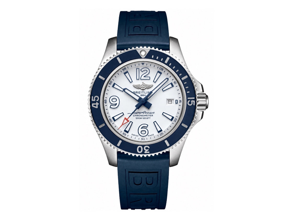 Superocean Automatic 44mm 不鏽鋼白色錶面、藍色錶圈搭配藍色橡膠錶帶 - 尊貴版