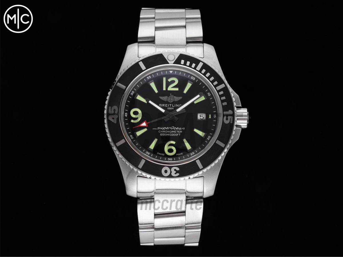 Superocean 海洋文化系列自動腕錶 44mm 不鏽鋼黑色錶盤黑色錶圈,配不鏽鋼鍊帶 - 高級版