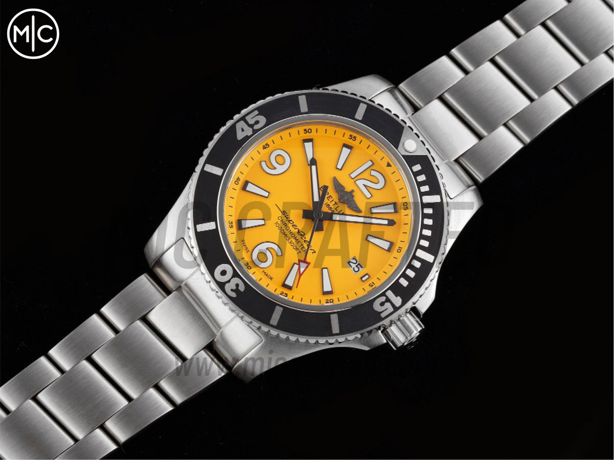 Superocean Automatic 44mm 不鏽鋼黃色錶面、黑色錶圈搭配不鏽鋼錶鏈 - 尊貴版