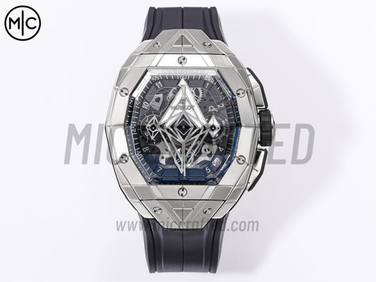 Spirit of Big Bang Sang Bleu 42mm SS Skeleton Dial on Black Rubber Strap – Premium Edition