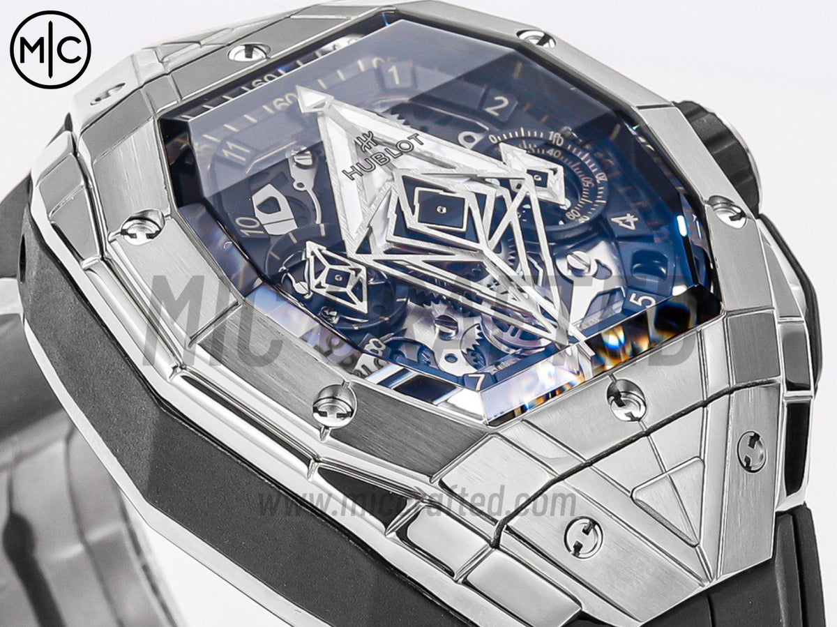 Spirit of Big Bang Sang Bleu 42mm 不鏽鋼鏤空錶盤,配黑色橡膠錶帶 - 高級版