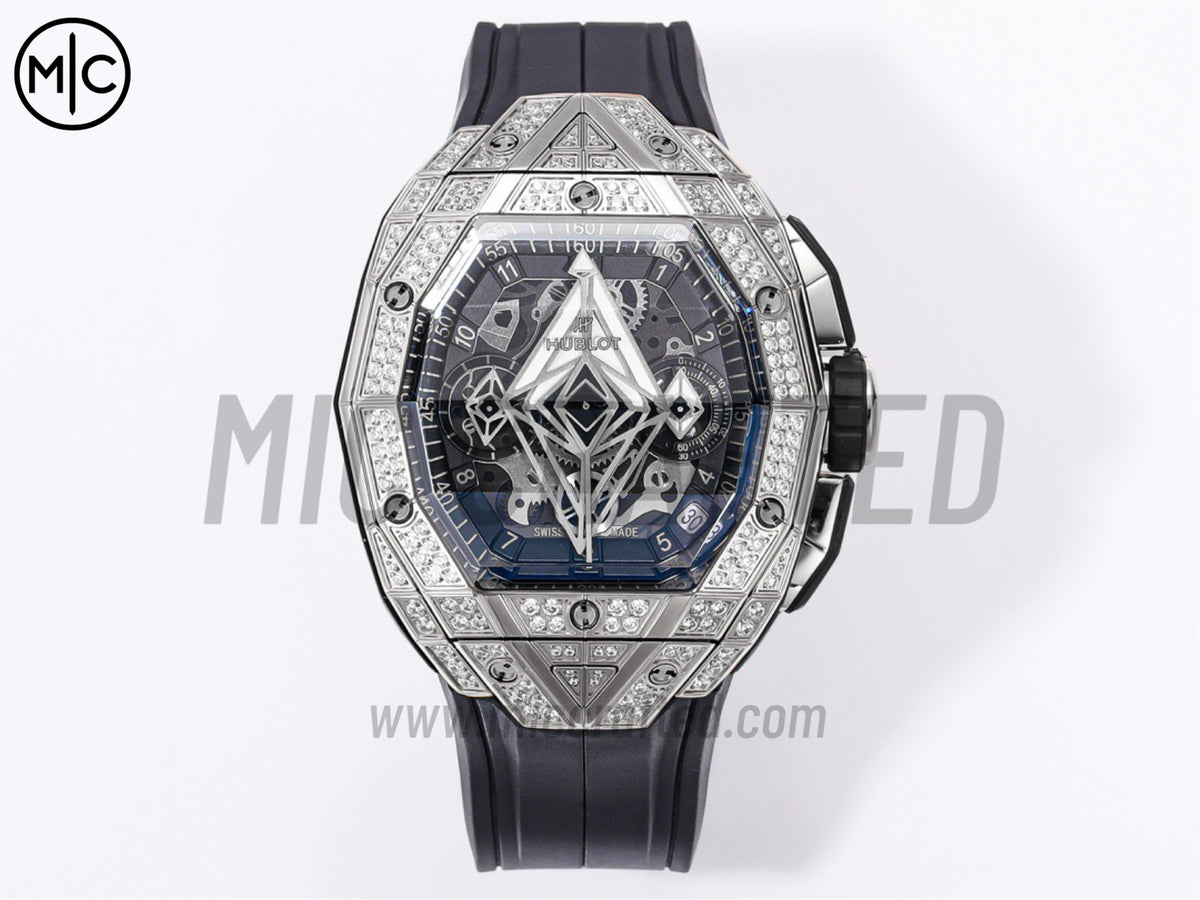 Spirit of Big Bang Sang Bleu 42mm SS Full Diamonds Skeleton Dial on Black Rubber Strap – Premium Edition