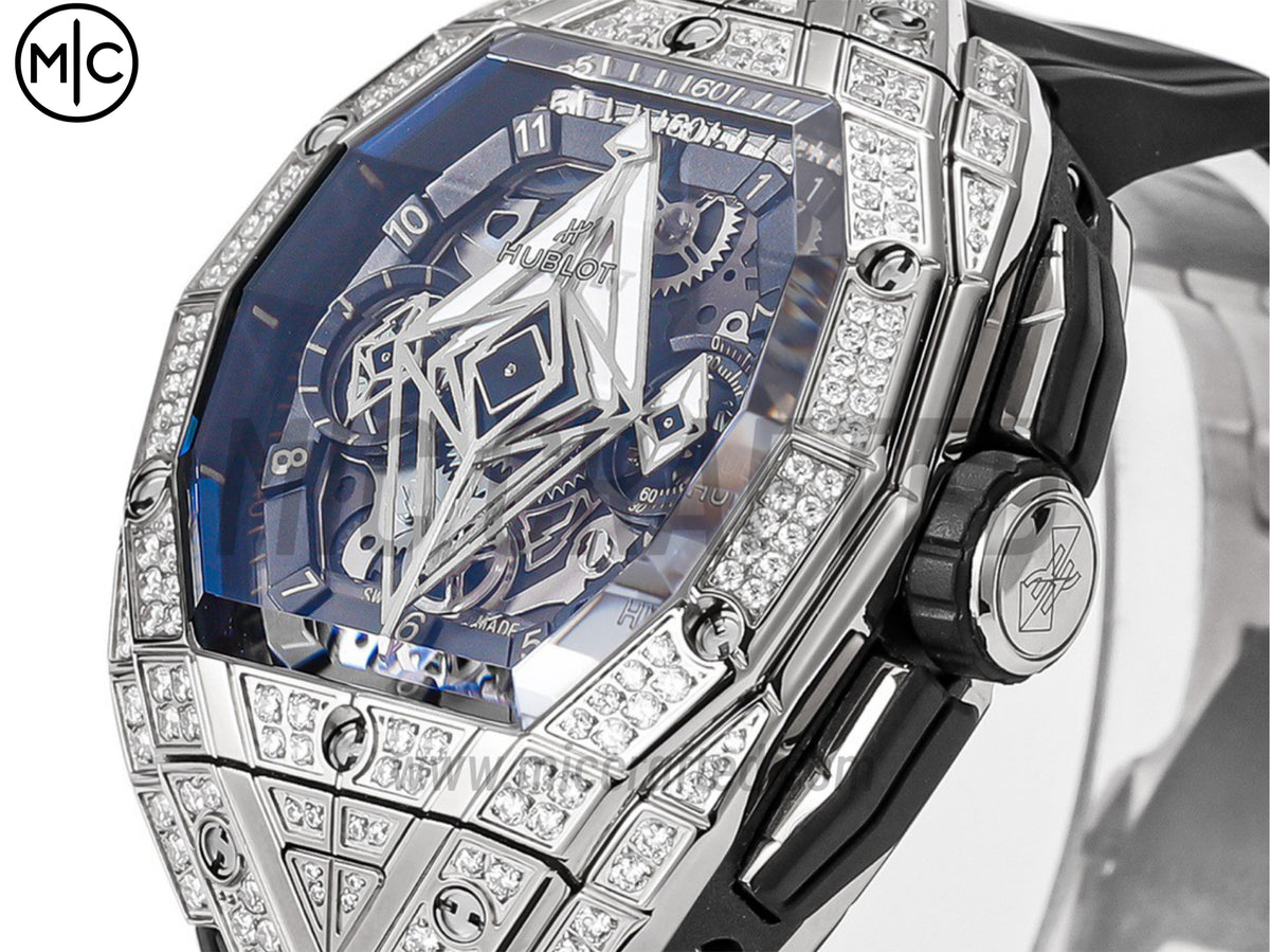 Spirit of Big Bang Sang Bleu 42mm SS Full Diamonds Skeleton Dial on Black Rubber Strap – Premium Edition