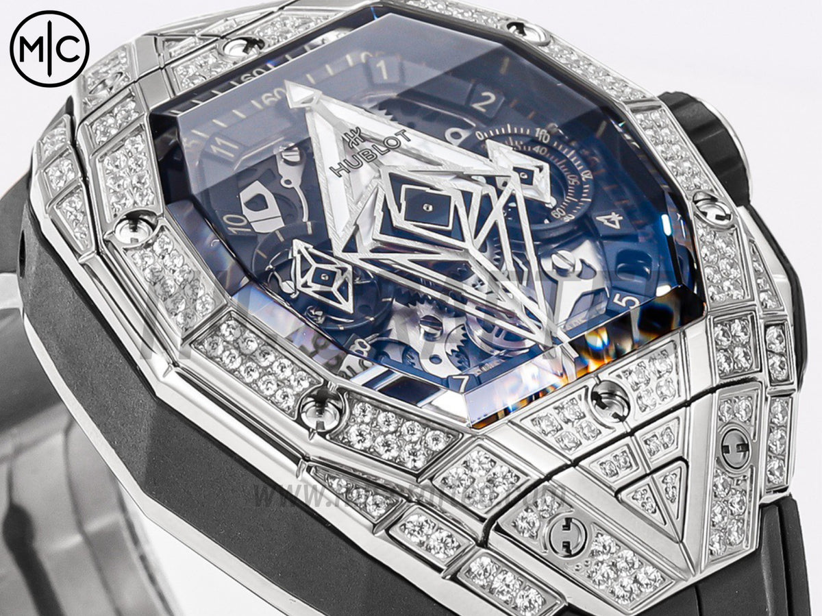 Spirit of Big Bang Sang Bleu 42mm SS Full Diamonds Skeleton Dial on Black Rubber Strap – Premium Edition