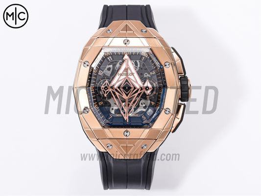 Spirit of Big Bang Sang Bleu 42mm RG Skeleton Dial on Black Rubber Strap – Premium Edition